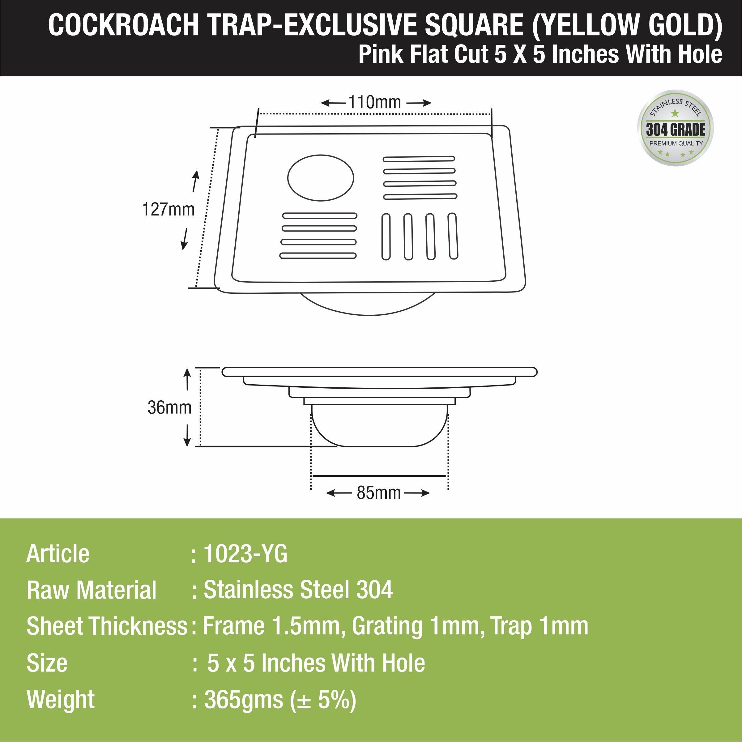 Pink Exclusive Square Flat Cut Floor Drain in Yellow Gold PVD Coating (5 x 5 Inches) with Hole & Cockroach Trap - LIPKA - Lipka Home