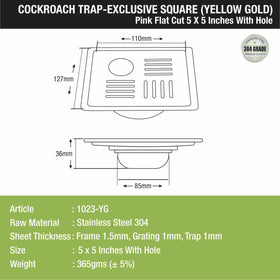 Pink Exclusive Square Flat Cut Floor Drain in Yellow Gold PVD Coating (5 x 5 Inches) with Hole & Cockroach Trap - LIPKA - Lipka Home