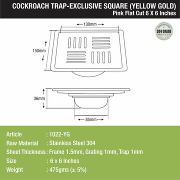 Pink Exclusive Square Flat Cut Floor Drain in Yellow Gold PVD Coating (6 x 6 Inches) with Cockroach Trap - LIPKA - Lipka Home