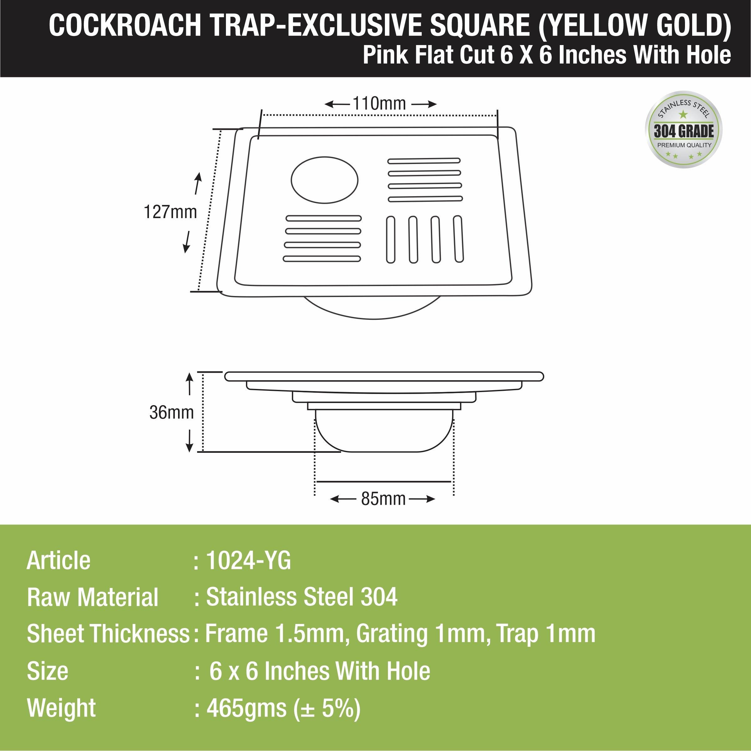 Pink Exclusive Square Flat Cut Floor Drain in Yellow Gold PVD Coating (6 x 6 Inches) with Hole & Cockroach Trap - LIPKA