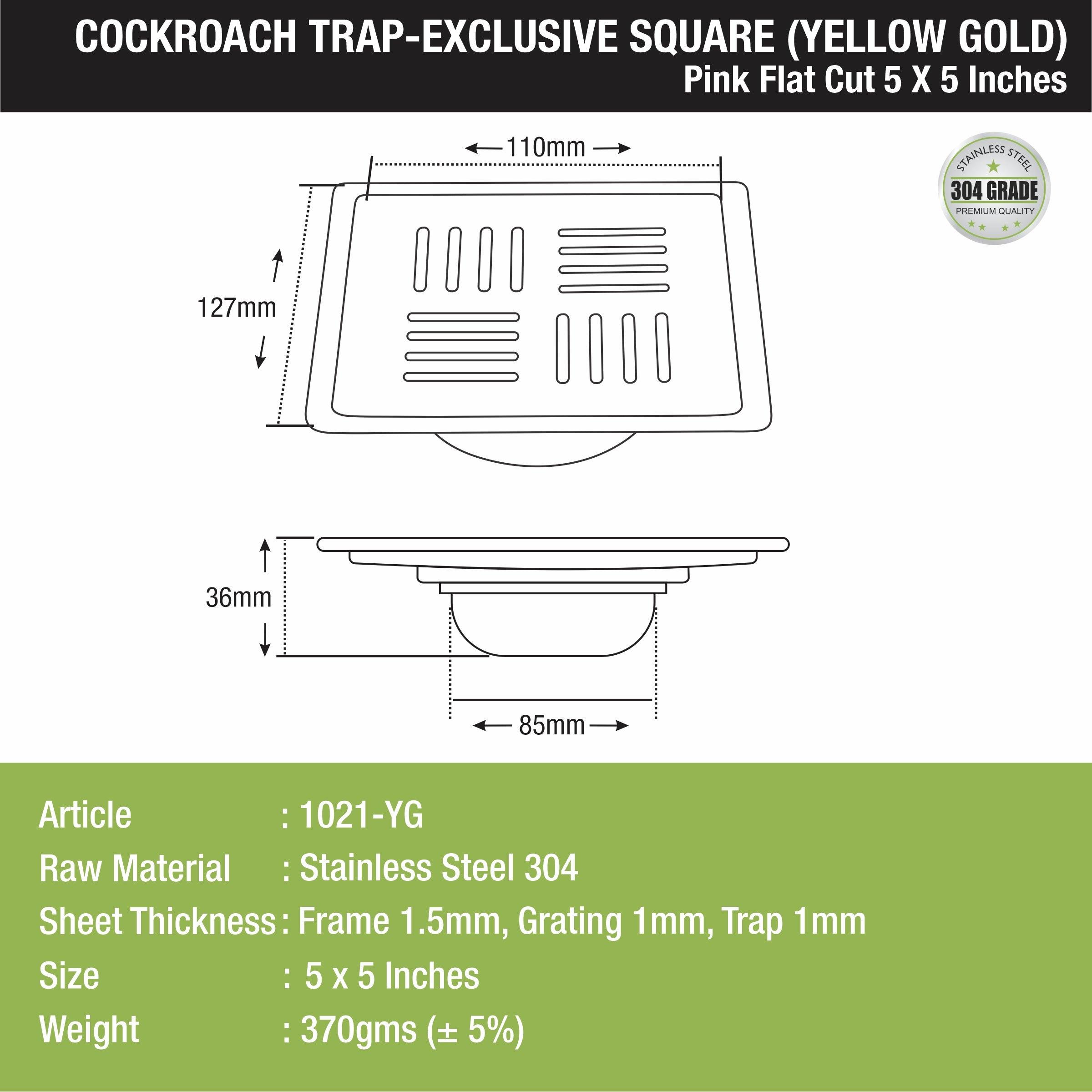 Pink Exclusive Square Flat Cut Floor Drain in Yellow Gold PVD Coating (5 x 5 Inches) with Cockroach Trap - LIPKA - Lipka Home