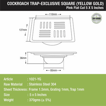 Pink Exclusive Square Flat Cut Floor Drain in Yellow Gold PVD Coating (5 x 5 Inches) with Cockroach Trap - LIPKA - Lipka Home