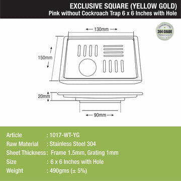 Pink Exclusive Square Floor Drain in Yellow Gold PVD Coating (6 x 6 Inches) with Hole - LIPKA - Lipka Home