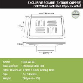 Pink Exclusive Square Floor Drain in Antique Copper PVD Coating (5 x 5 Inches) - LIPKA - Lipka Home