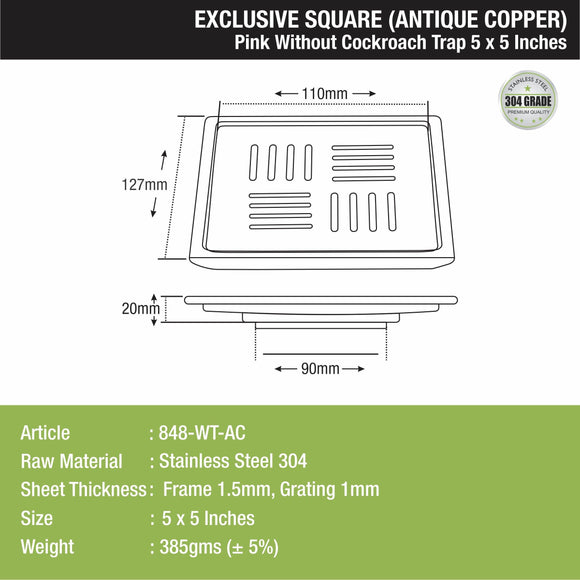 Pink Exclusive Square Floor Drain in Antique Copper PVD Coating (5 x 5 Inches) - LIPKA - Lipka Home