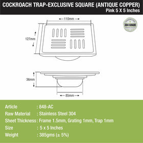 Pink Exclusive Square Floor Drain in Antique Copper PVD Coating (5 x 5 Inches) with Cockroach Trap - LIPKA - Lipka Home