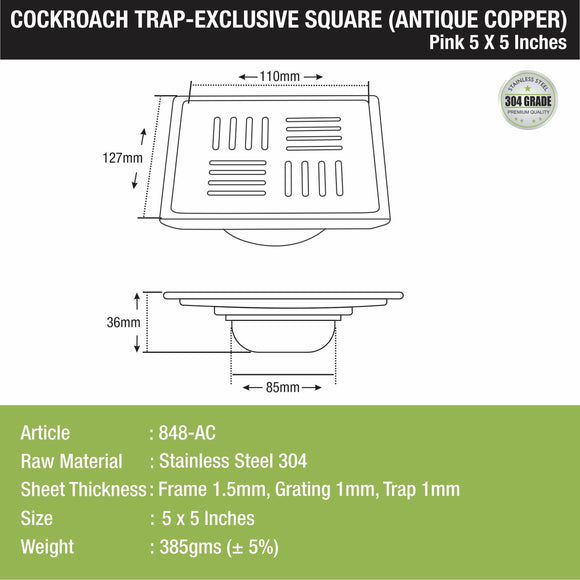 Pink Exclusive Square Floor Drain in Antique Copper PVD Coating (5 x 5 Inches) with Cockroach Trap - LIPKA - Lipka Home