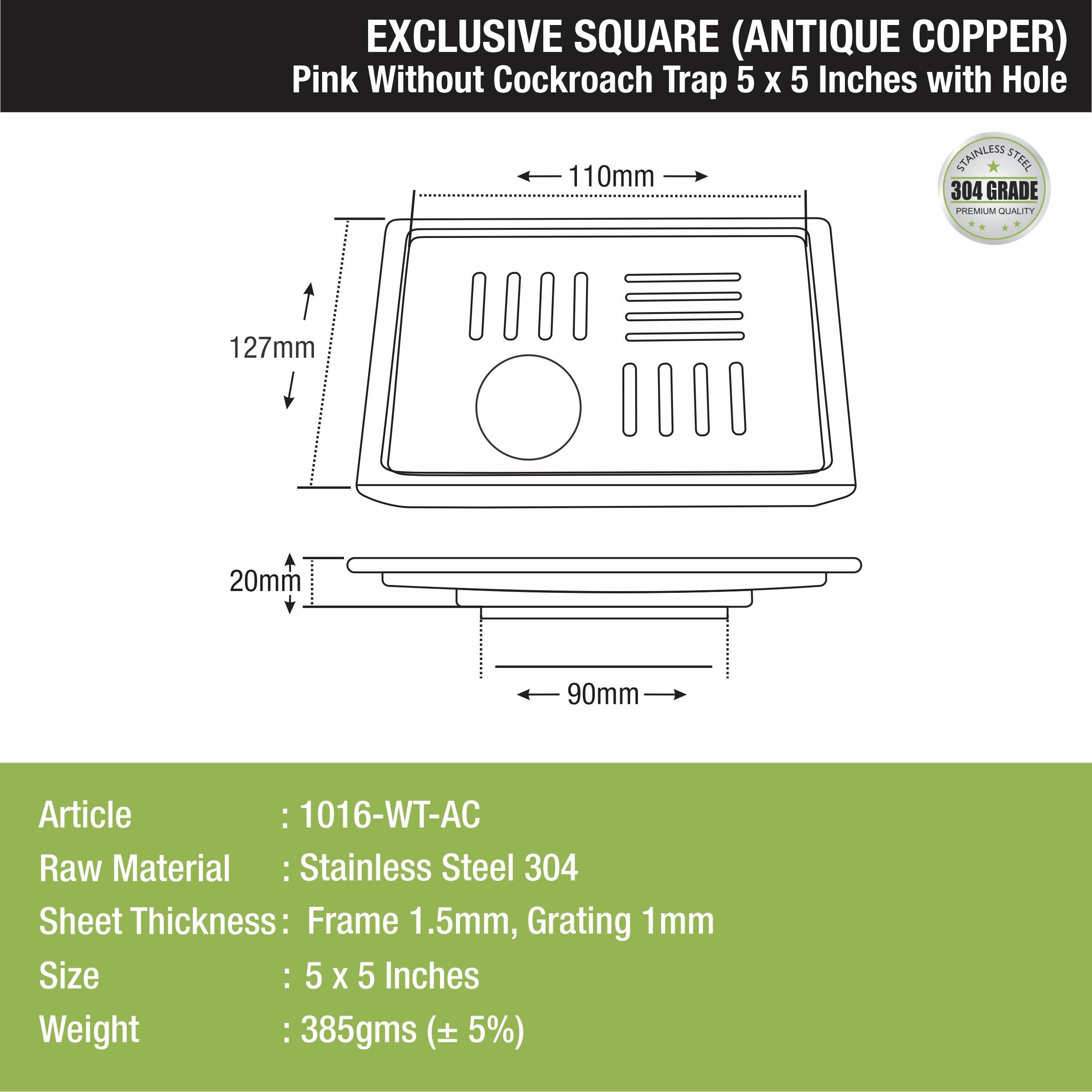 Pink Exclusive Square Floor Drain in Antique Copper PVD Coating (5 x 5 Inches) with Hole sizes and dimensions