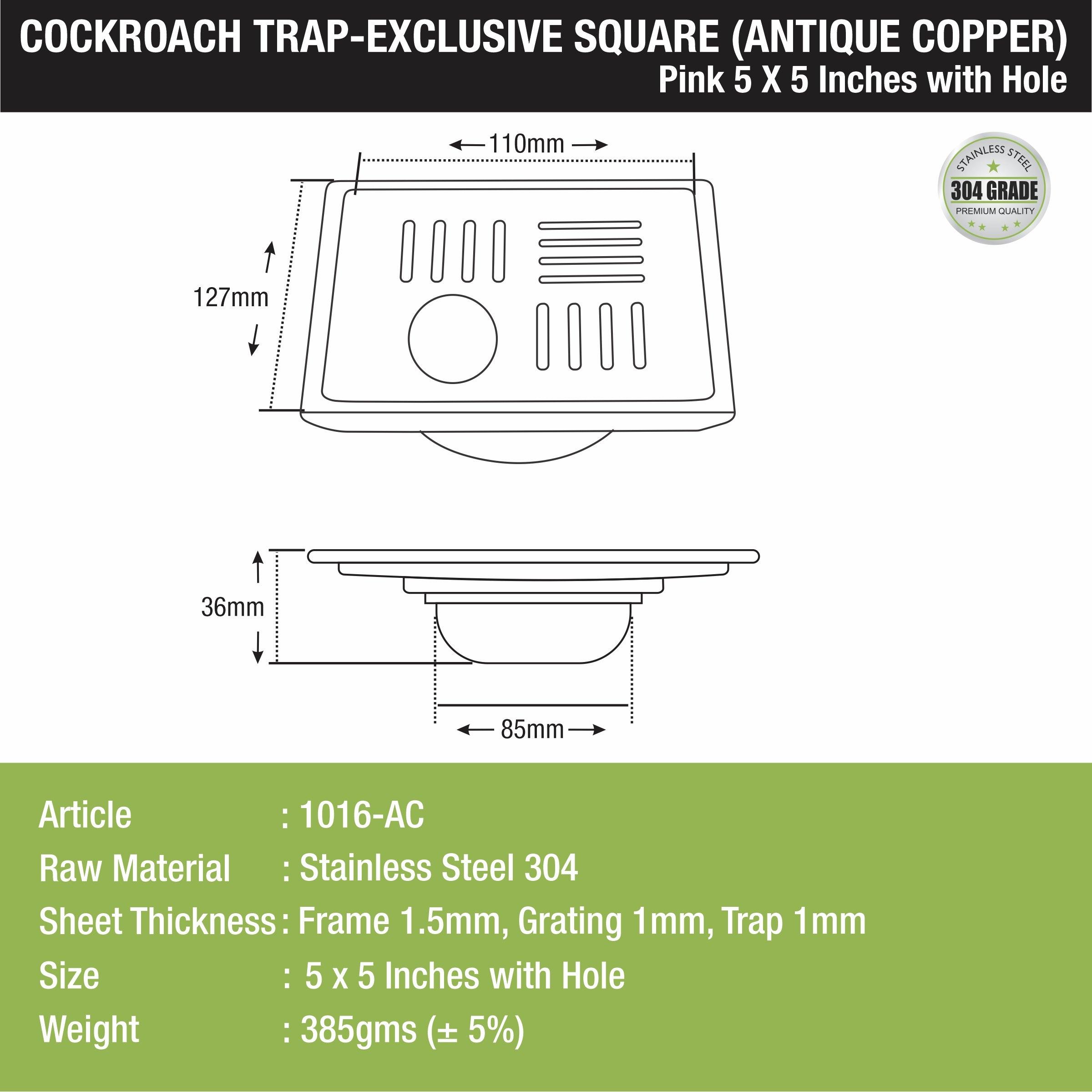 Pink Exclusive Square Floor Drain in Antique Copper PVD Coating (5 x 5 Inches) with Hole & Cockroach Trap sizes and dimensions