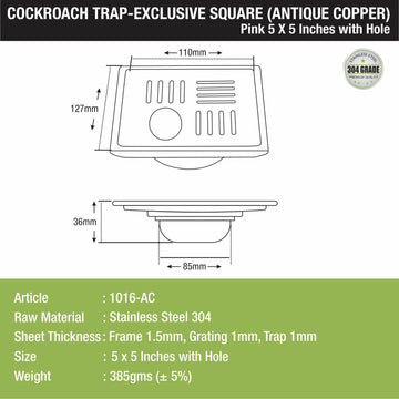 Pink Exclusive Square Floor Drain in Antique Copper PVD Coating (5 x 5 Inches) with Hole & Cockroach Trap - LIPKA - Lipka Home