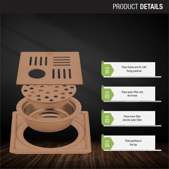 Pink Exclusive Square Floor Drain in Antique Copper PVD Coating (5 x 5 Inches) with Hole & Cockroach Trap - LIPKA - Lipka Home