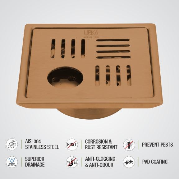 Pink Exclusive Square Floor Drain in Antique Copper PVD Coating (5 x 5 Inches) with Hole & Cockroach Trap - LIPKA - Lipka Home