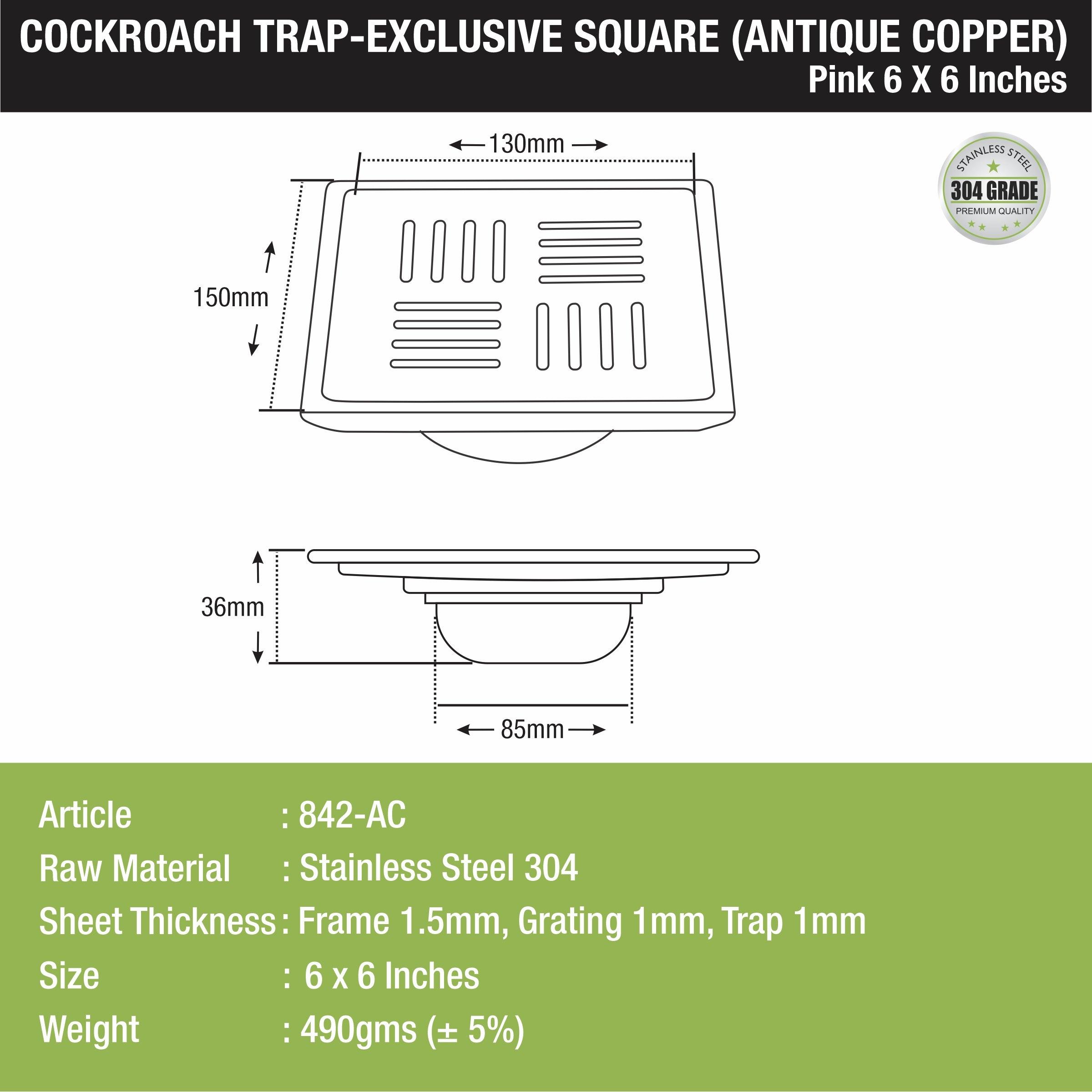 Pink Exclusive Square Floor Drain in Antique Copper PVD Coating (6 x 6 Inches) with Cockroach Trap sizes and dimensions