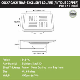 Pink Exclusive Square Floor Drain in Antique Copper PVD Coating (6 x 6 Inches) with Cockroach Trap - LIPKA - Lipka Home