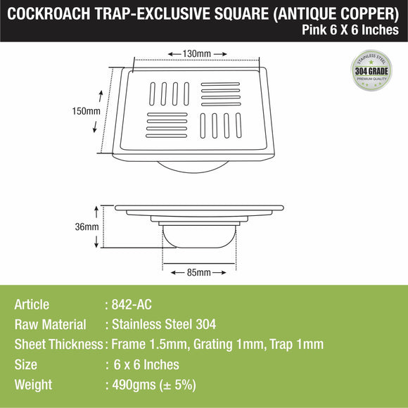 Pink Exclusive Square Floor Drain in Antique Copper PVD Coating (6 x 6 Inches) with Cockroach Trap - LIPKA - Lipka Home