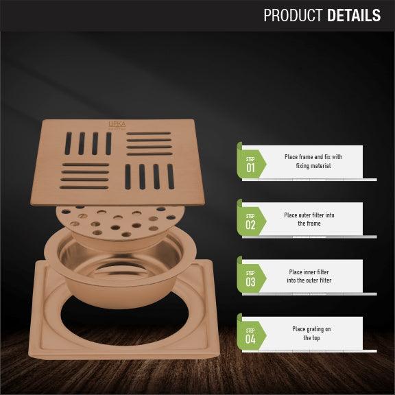 Pink Exclusive Square Floor Drain in Antique Copper PVD Coating (6 x 6 Inches) with Cockroach Trap - LIPKA - Lipka Home