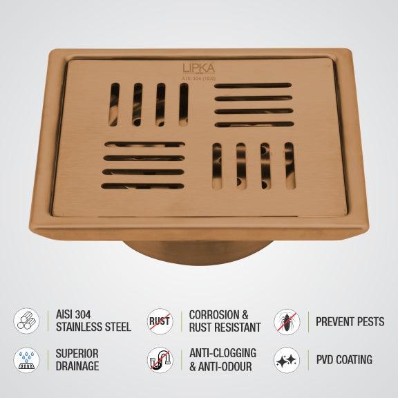 Pink Exclusive Square Floor Drain in Antique Copper PVD Coating (6 x 6 Inches) with Cockroach Trap - LIPKA - Lipka Home