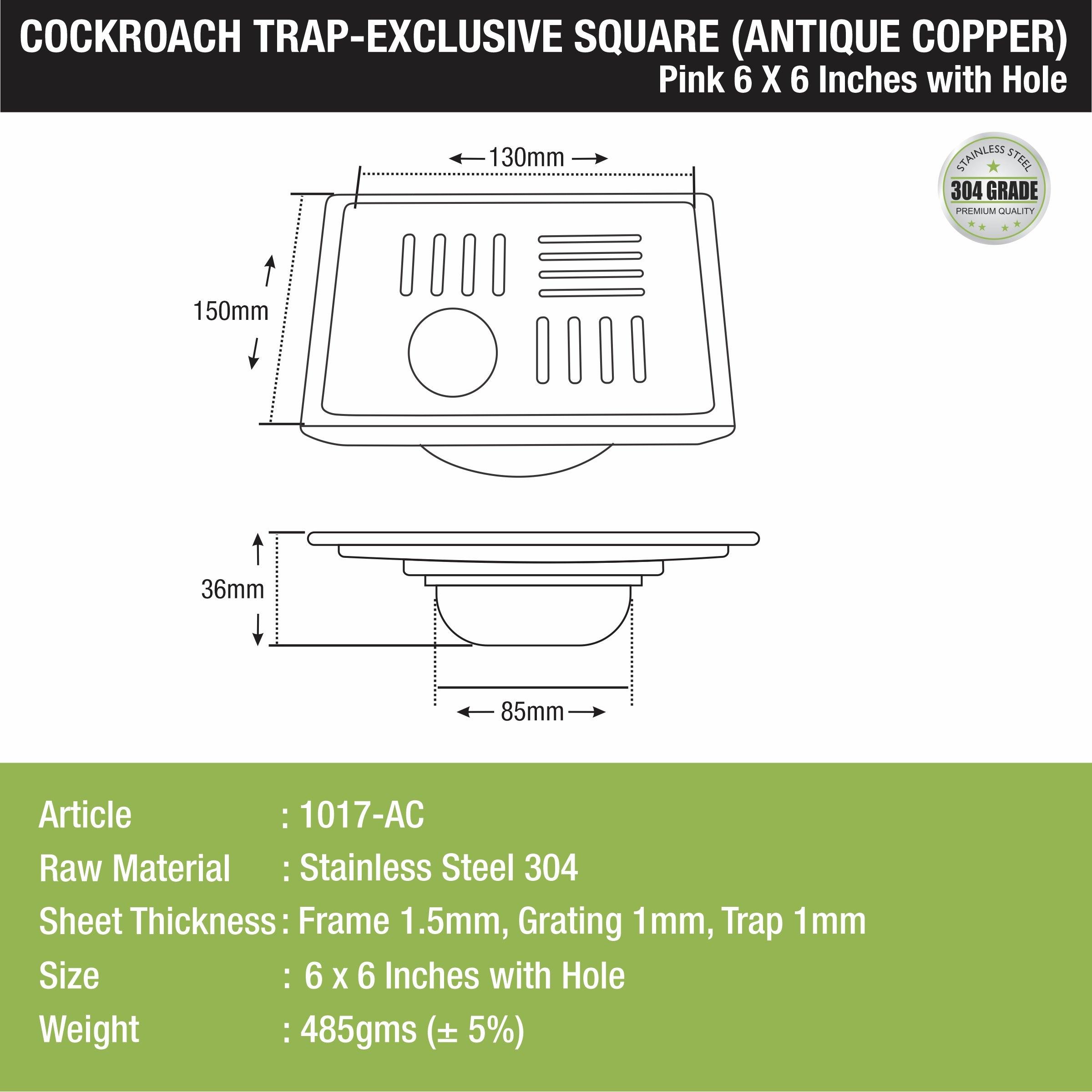 Pink Exclusive Square Floor Drain in Antique Copper PVD Coating (6 x 6 Inches) with Hole & Cockroach Trap sizes and dimensions