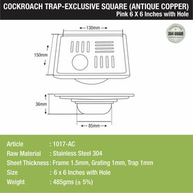 Pink Exclusive Square Floor Drain in Antique Copper PVD Coating (6 x 6 Inches) with Hole & Cockroach Trap - LIPKA - Lipka Home