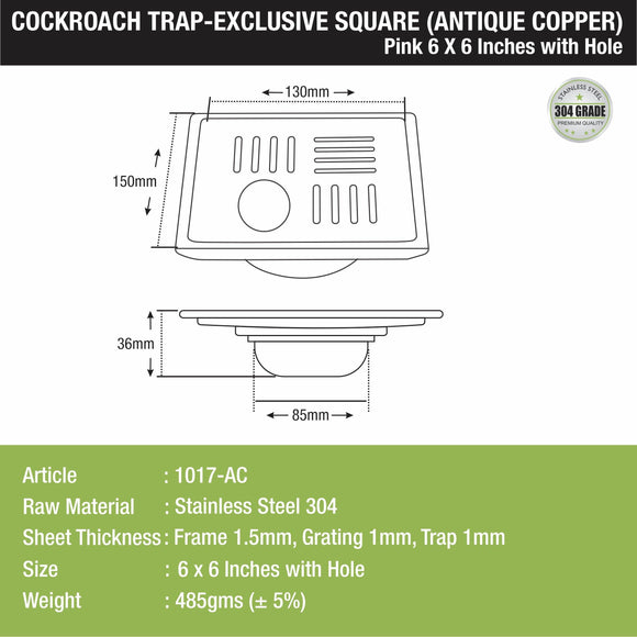 Pink Exclusive Square Floor Drain in Antique Copper PVD Coating (6 x 6 Inches) with Hole & Cockroach Trap - LIPKA - Lipka Home