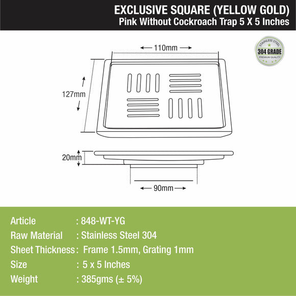 Pink Exclusive Square Floor Drain in Yellow Gold PVD Coating (5 x 5 Inches) - LIPKA - Lipka Home