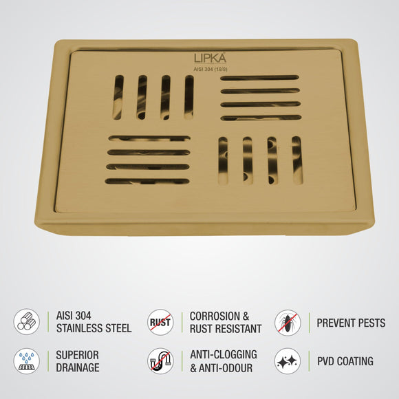 Pink Exclusive Square Floor Drain in Yellow Gold PVD Coating (5 x 5 Inches) - LIPKA - Lipka Home