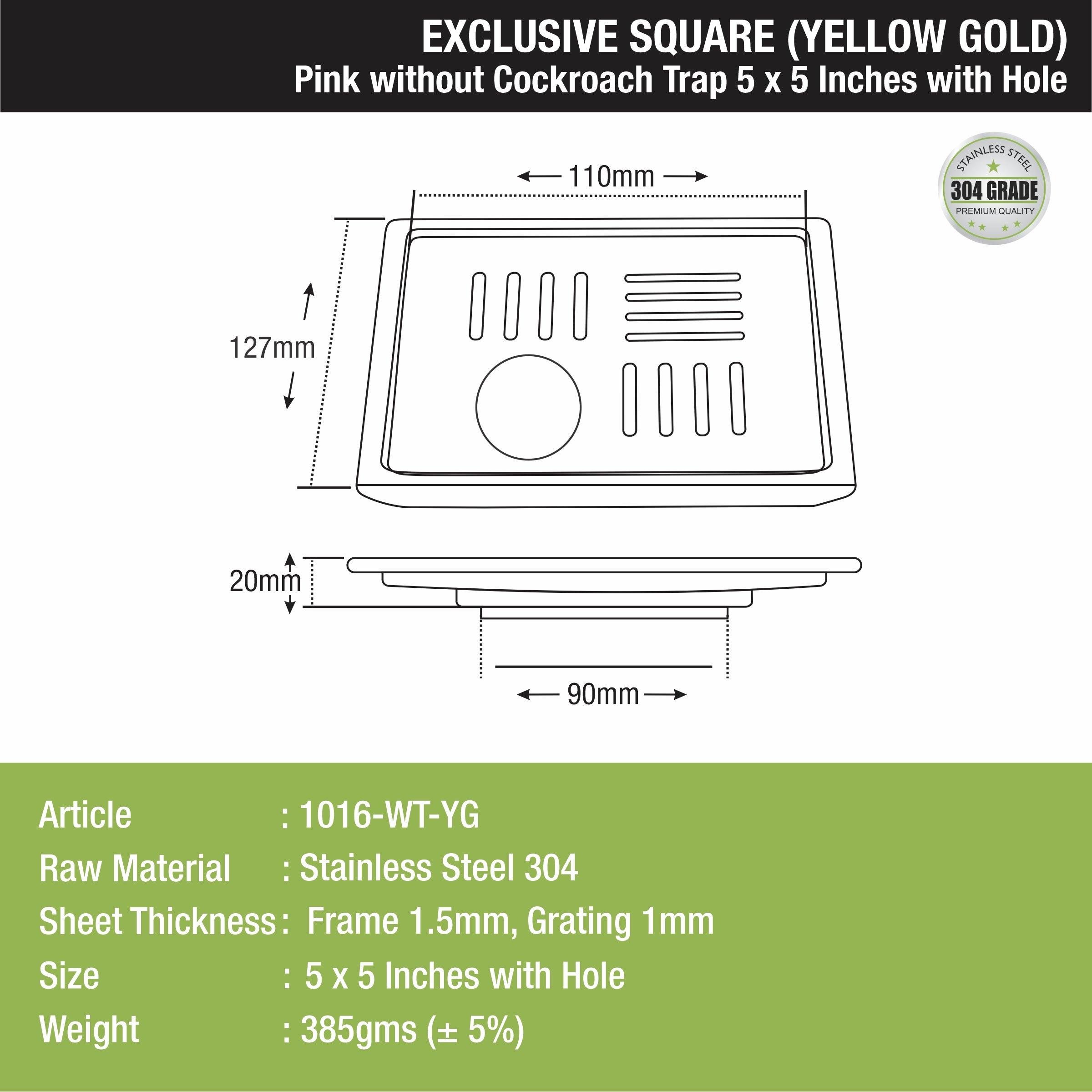 Pink Exclusive Square Floor Drain in Yellow Gold PVD Coating (5 x 5 Inches) with Hole - LIPKA - Lipka Home