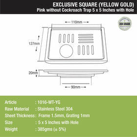 Pink Exclusive Square Floor Drain in Yellow Gold PVD Coating (5 x 5 Inches) with Hole - LIPKA - Lipka Home