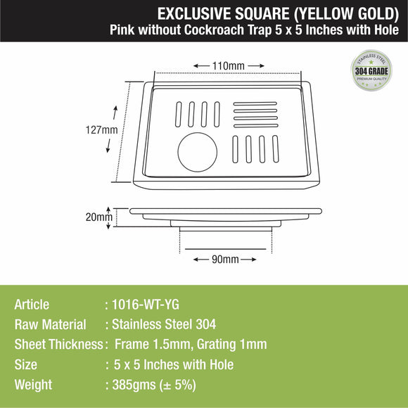 Pink Exclusive Square Floor Drain in Yellow Gold PVD Coating (5 x 5 Inches) with Hole - LIPKA - Lipka Home