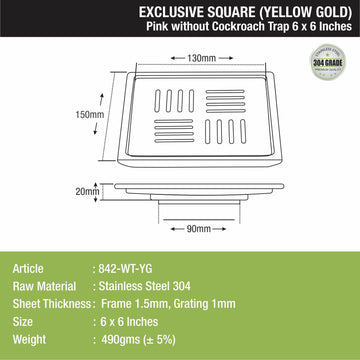 Pink Exclusive Square Floor Drain in Yellow Gold PVD Coating (6 x 6 Inches) - LIPKA - Lipka Home