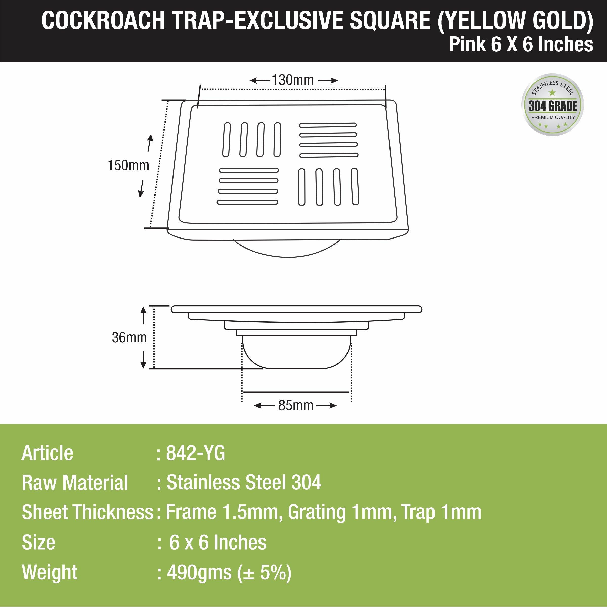 Pink Exclusive Square Floor Drain in Yellow Gold PVD Coating (6 x 6 Inches) with Cockroach Trap - LIPKA - Lipka Home