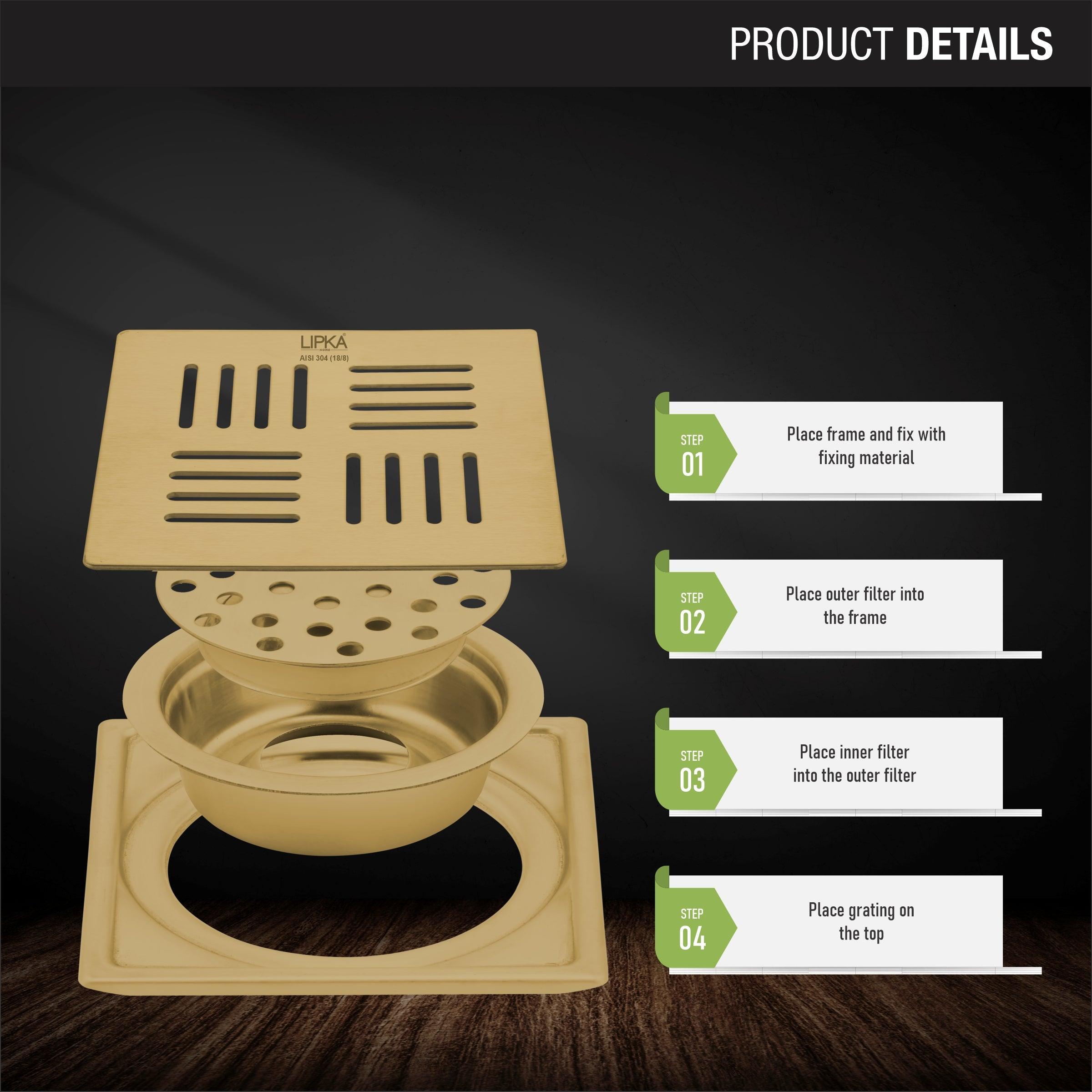 Pink Exclusive Square Floor Drain in Yellow Gold PVD Coating (6 x 6 In ...
