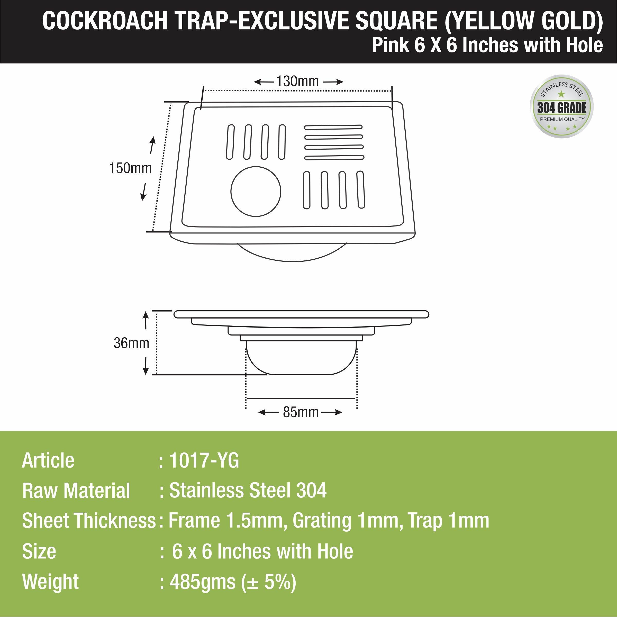 Pink Exclusive Square Floor Drain in Yellow Gold PVD Coating (6 x 6 Inches) with Hole & Cockroach Trap - LIPKA - Lipka Home