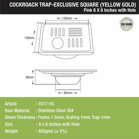 Pink Exclusive Square Floor Drain in Yellow Gold PVD Coating (6 x 6 Inches) with Hole & Cockroach Trap - LIPKA - Lipka Home