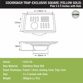 Pink Exclusive Square Floor Drain in Yellow Gold PVD Coating (5 x 5 Inches) with Hole & Cockroach Trap - LIPKA - Lipka Home