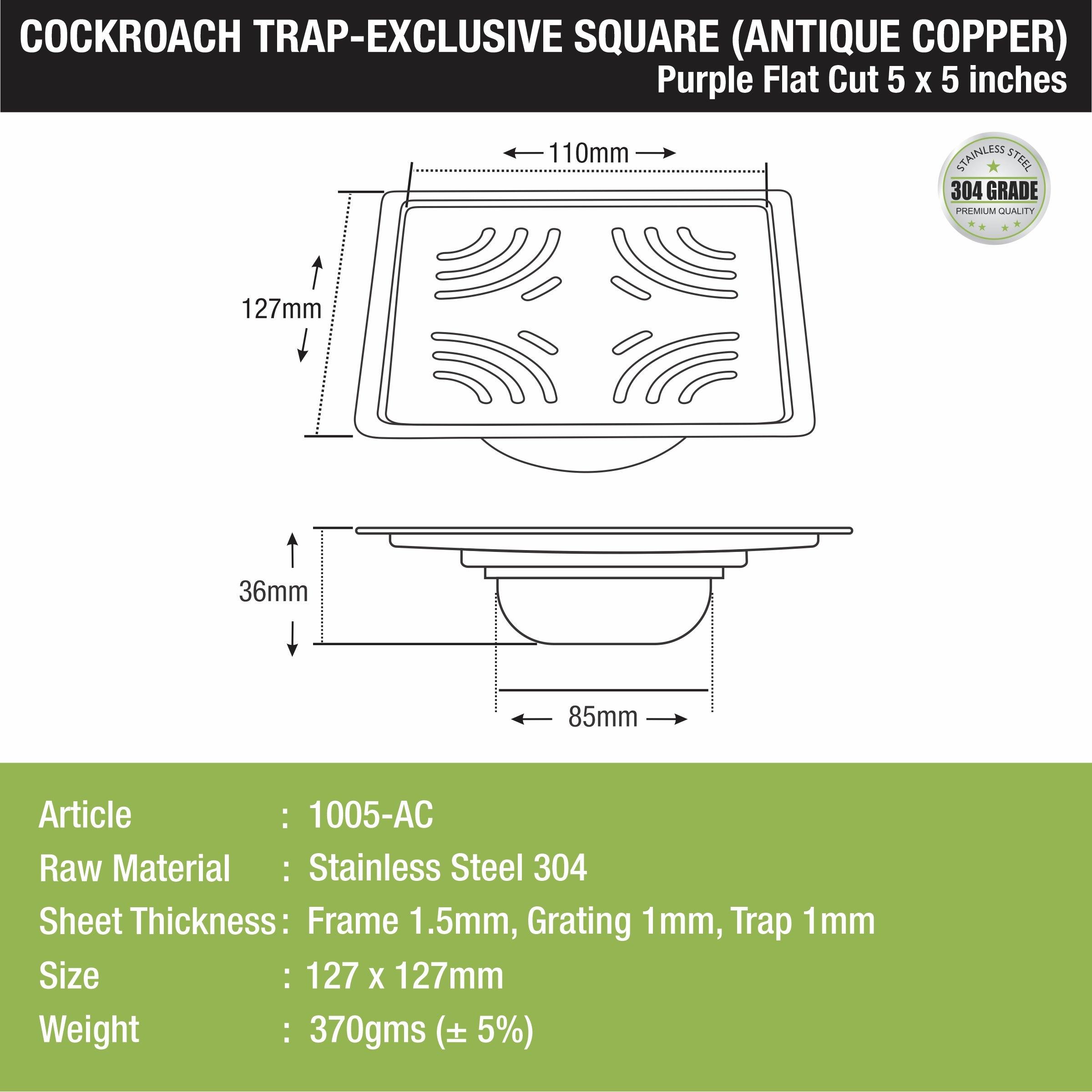 Purple Exclusive Square Flat Cut Floor Drain in Antique Copper PVD Coating (5 x 5 Inches) with Cockroach Trap sizes and dimensions