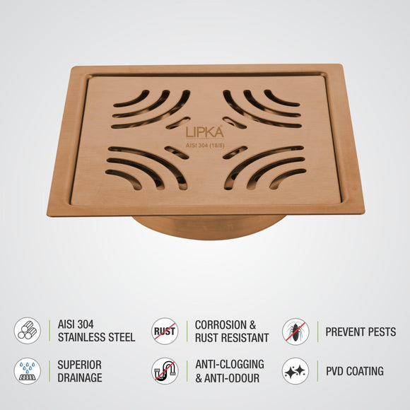 Purple Exclusive Square Flat Cut Floor Drain in Antique Copper PVD Coating (5 x 5 Inches) with Cockroach Trap - LIPKA - Lipka Home