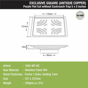 Purple Exclusive Square Flat Cut Floor Drain in Antique Copper PVD Coating (5 x 5 Inches) - LIPKA - Lipka Home