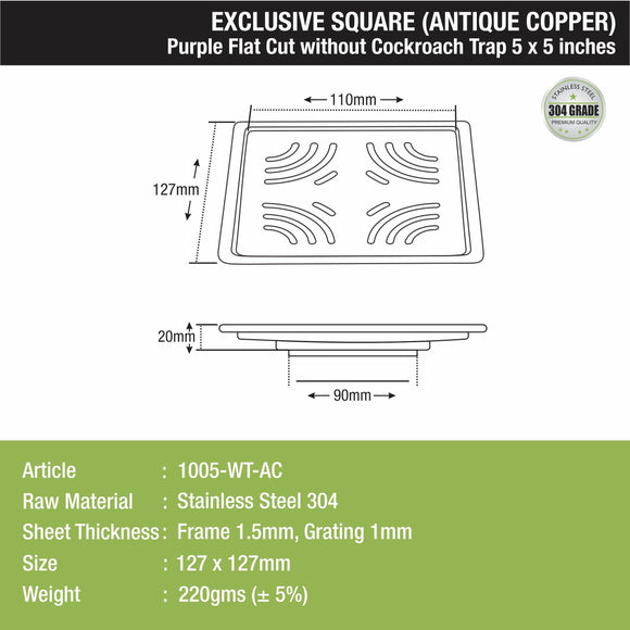 Purple Exclusive Square Flat Cut Floor Drain in Antique Copper PVD Coating (5 x 5 Inches) - LIPKA - Lipka Home