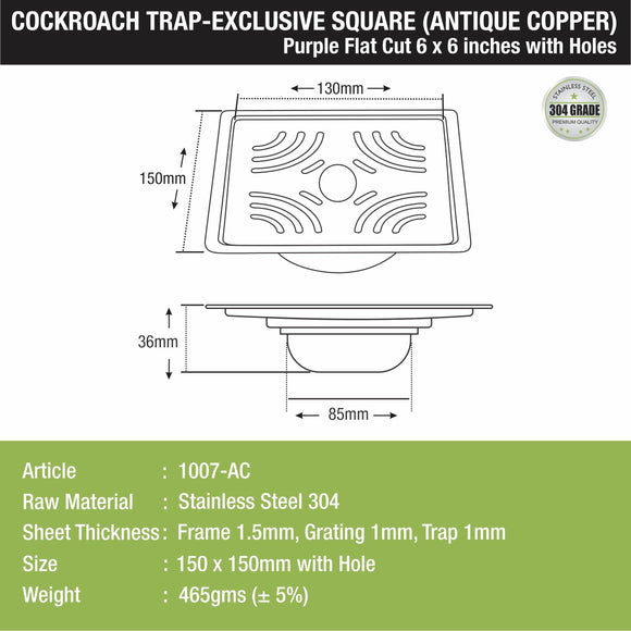 Purple Exclusive Square Flat Cut Floor Drain in Antique Copper PVD Coating (6 x 6 Inches) with Hole & Cockroach Trap - LIPKA - Lipka Home