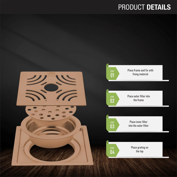 Purple Exclusive Square Flat Cut Floor Drain in Antique Copper PVD Coating (6 x 6 Inches) with Hole & Cockroach Trap - LIPKA - Lipka Home