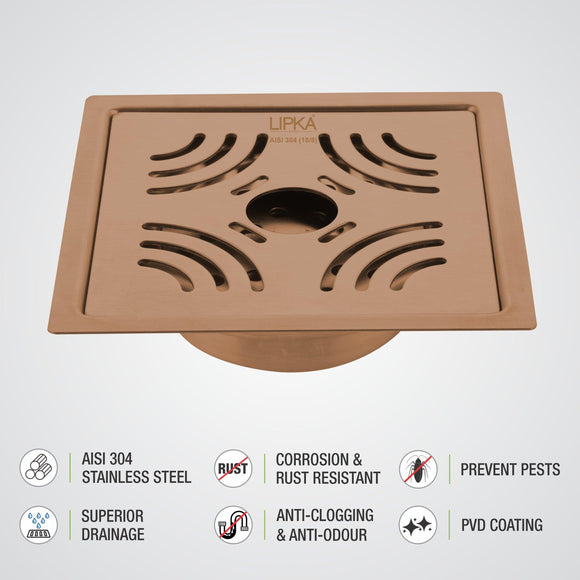 Purple Exclusive Square Flat Cut Floor Drain in Antique Copper PVD Coating (6 x 6 Inches) with Hole & Cockroach Trap - LIPKA - Lipka Home