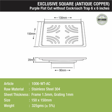 Purple Exclusive Square Flat Cut Floor Drain in Antique Copper PVD Coating (6 x 6 Inches) - LIPKA - Lipka Home