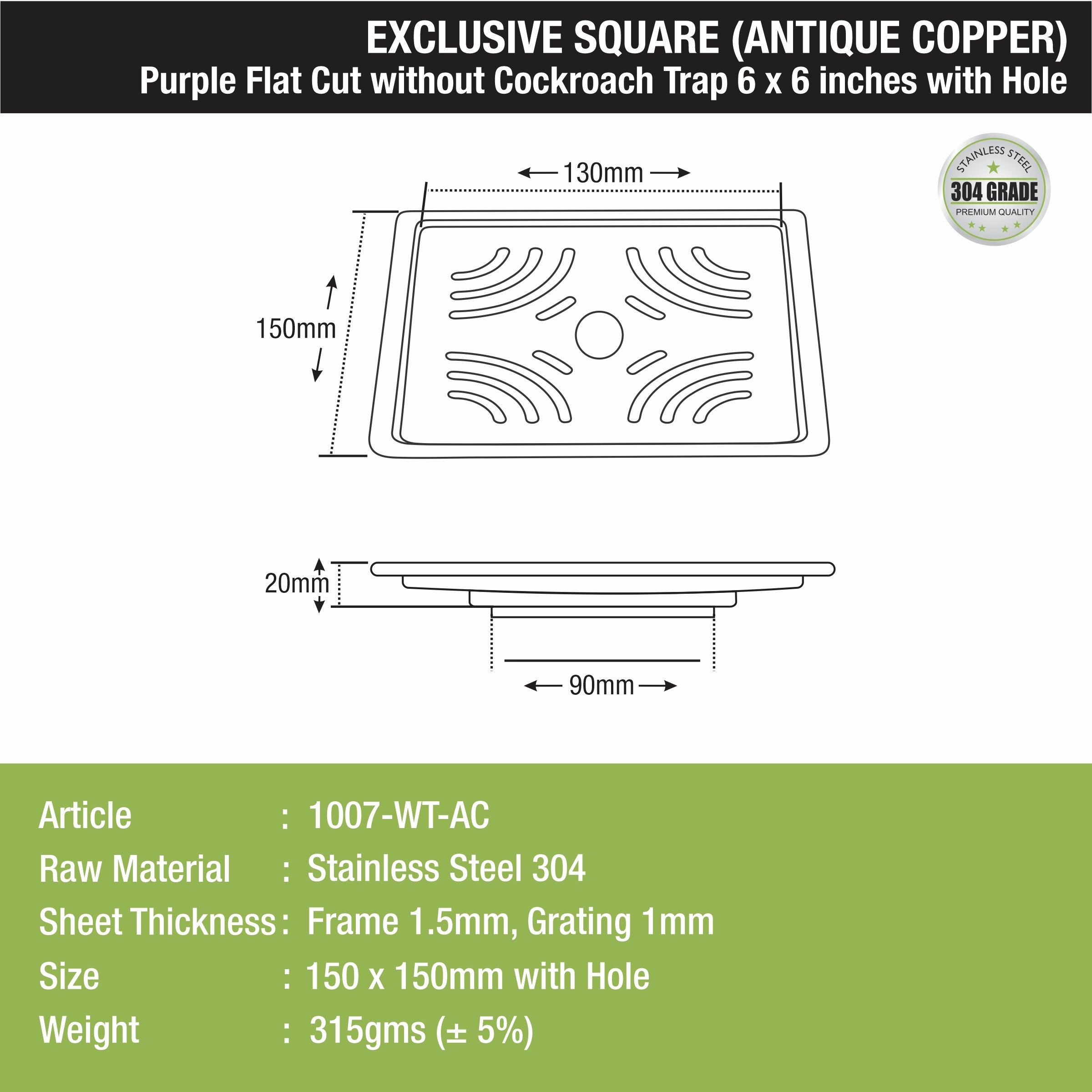 Purple Exclusive Square Flat Cut Floor Drain in Antique Copper PVD Coating (6 x 6 Inches) with Hole sizes and dimensions