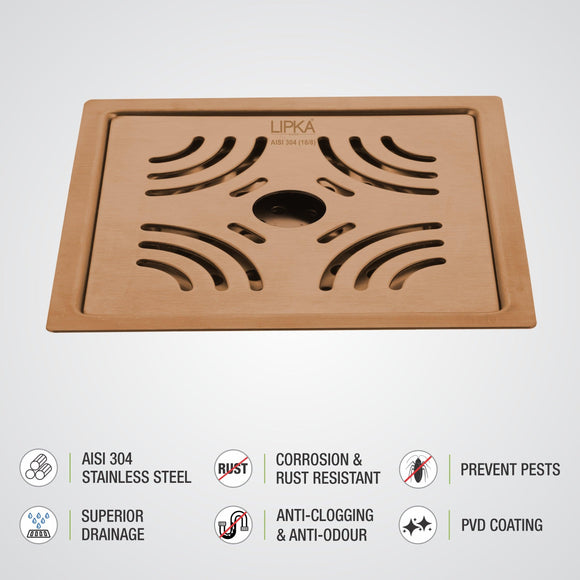 Purple Exclusive Square Flat Cut Floor Drain in Antique Copper PVD Coating (6 x 6 Inches) with Hole - LIPKA - Lipka Home