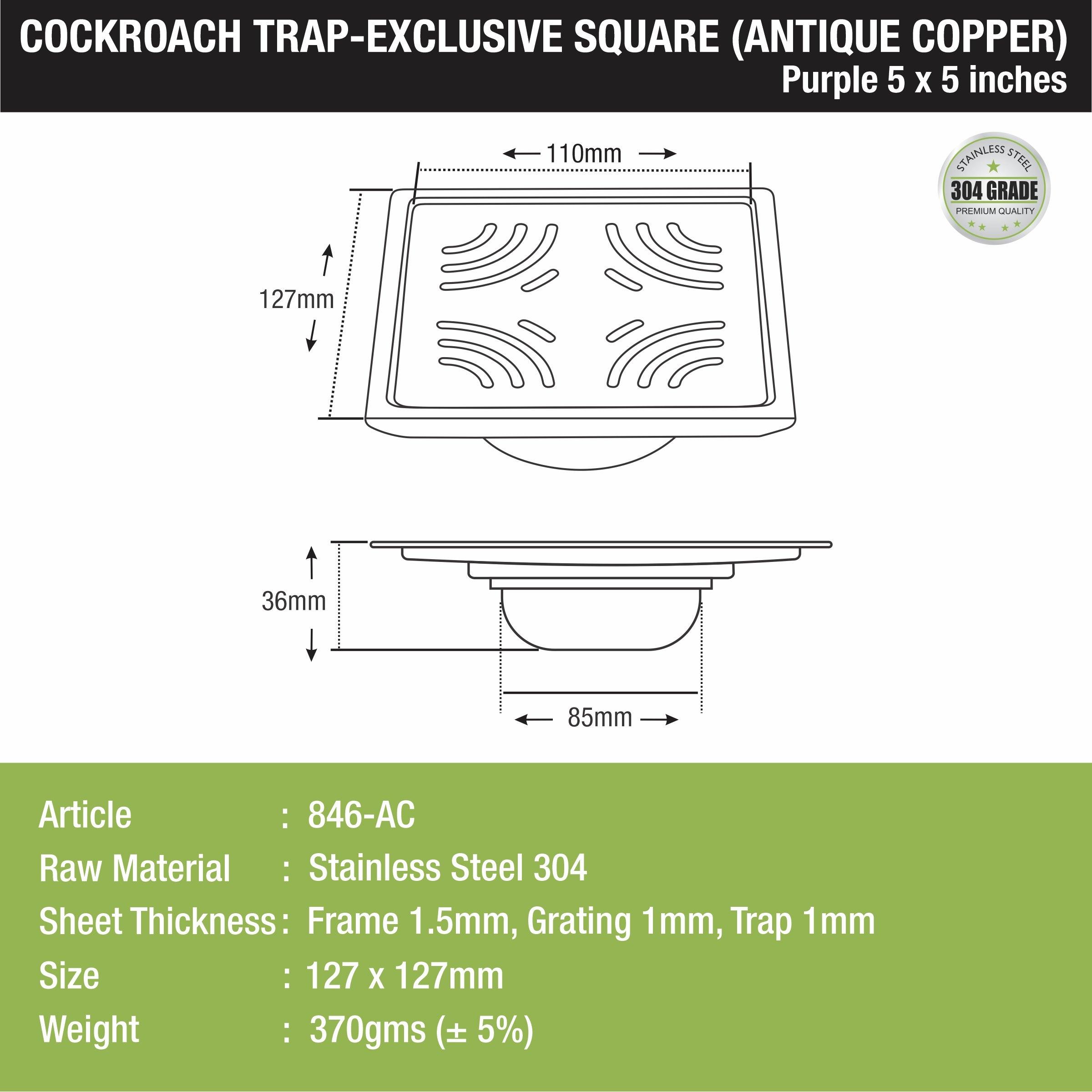 Purple Exclusive Square Floor Drain in Antique Copper PVD Coating (5 x 5 Inches) with Cockroach Trap - LIPKA
