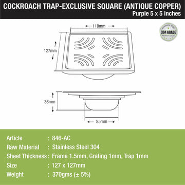 Purple Exclusive Square Floor Drain in Antique Copper PVD Coating (5 x 5 Inches) with Cockroach Trap - LIPKA - Lipka Home