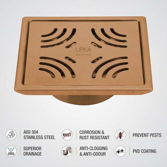 Purple Exclusive Square Floor Drain in Antique Copper PVD Coating (5 x 5 Inches) with Cockroach Trap - LIPKA - Lipka Home