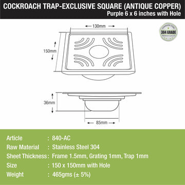 Purple Exclusive Square Floor Drain in Antique Copper PVD Coating (6 x 6 Inches) with Hole & Cockroach Trap - LIPKA - Lipka Home