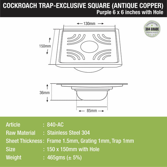 Purple Exclusive Square Floor Drain in Antique Copper PVD Coating (6 x 6 Inches) with Hole & Cockroach Trap - LIPKA - Lipka Home